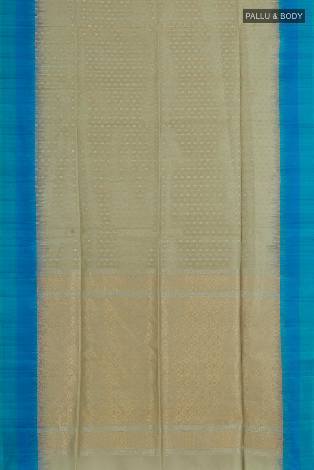 Flat view of Sage Green Soft Silk Saree with Zari Butta on the body and Zari Border. 