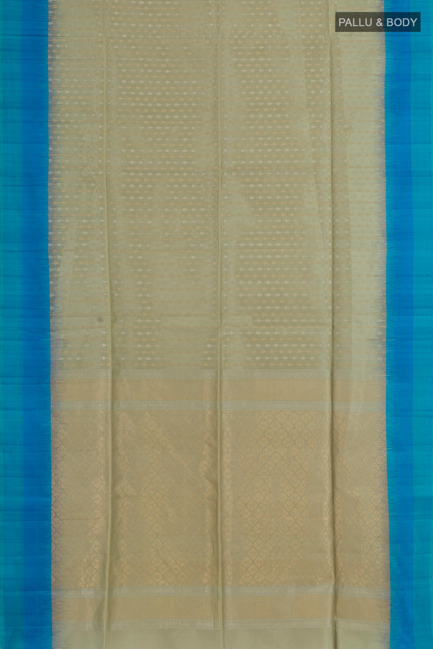 Flat view of Sage Green Soft Silk Saree with Zari Butta on the body and Zari Border. 