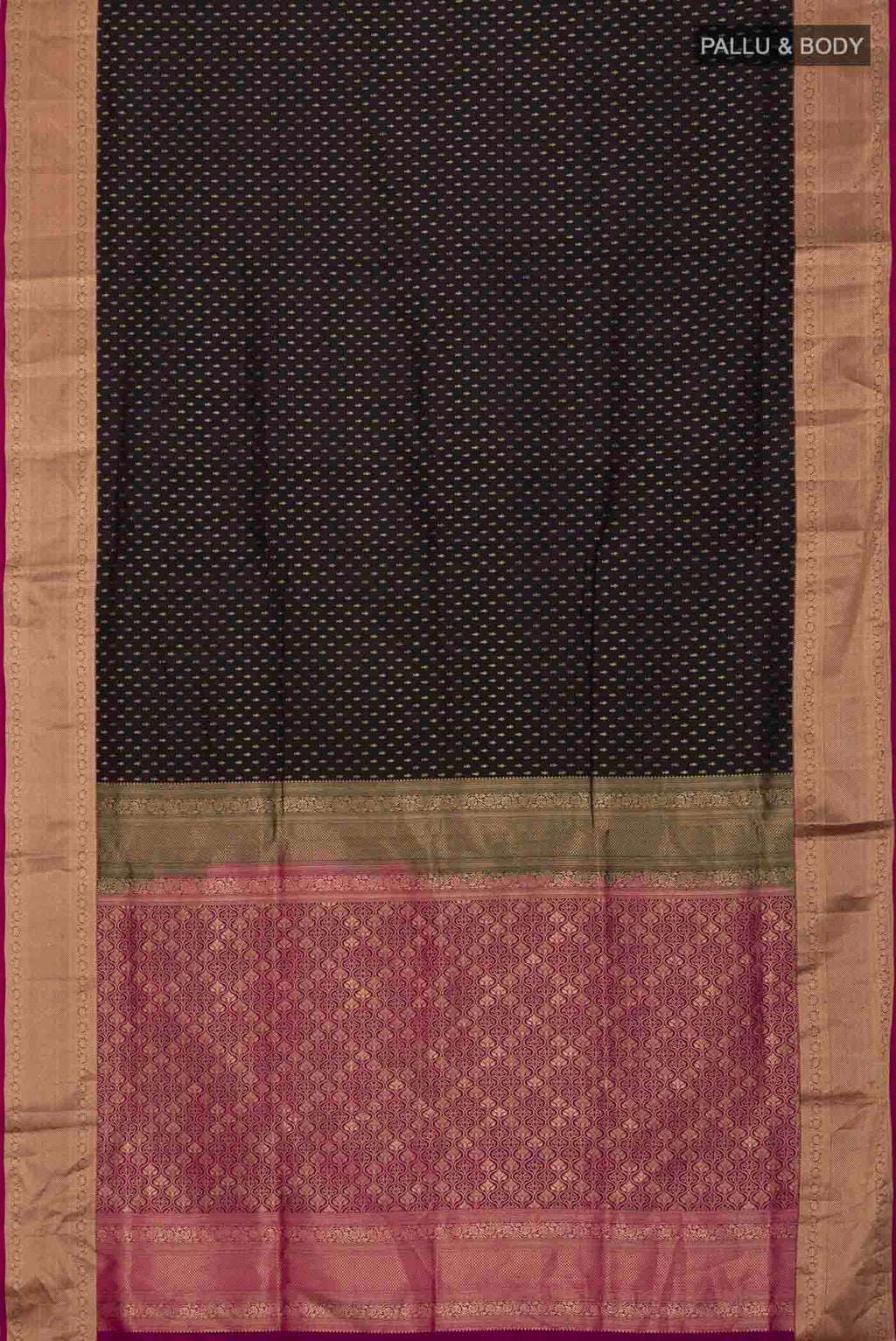 Flat view of Black Soft Silk Saree with Zari Butta on the body and Zari Border