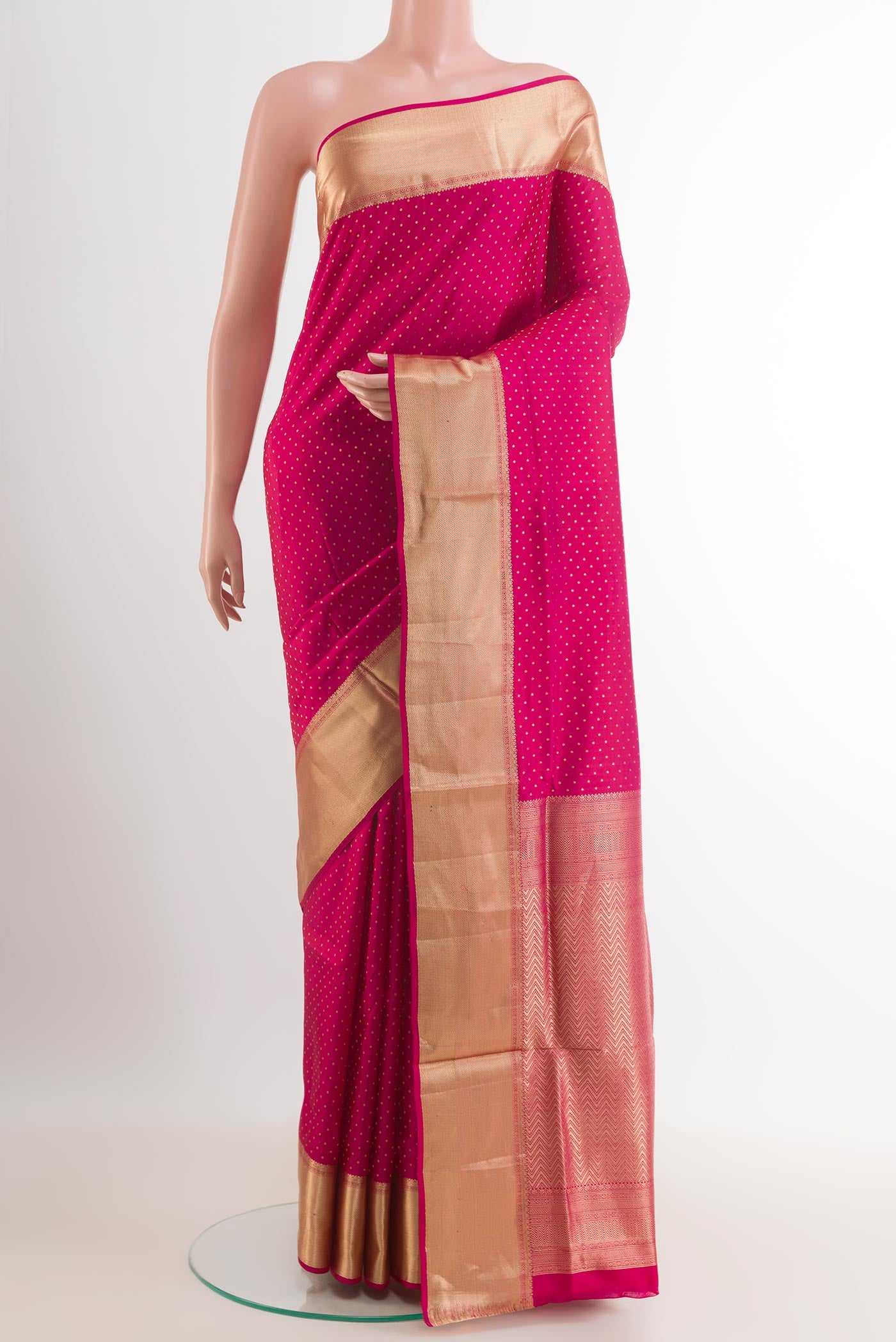 Pink Dual Tone Soft Silk Saree with Zari Butta on the body and Zari Border.  displayed on a mannequin