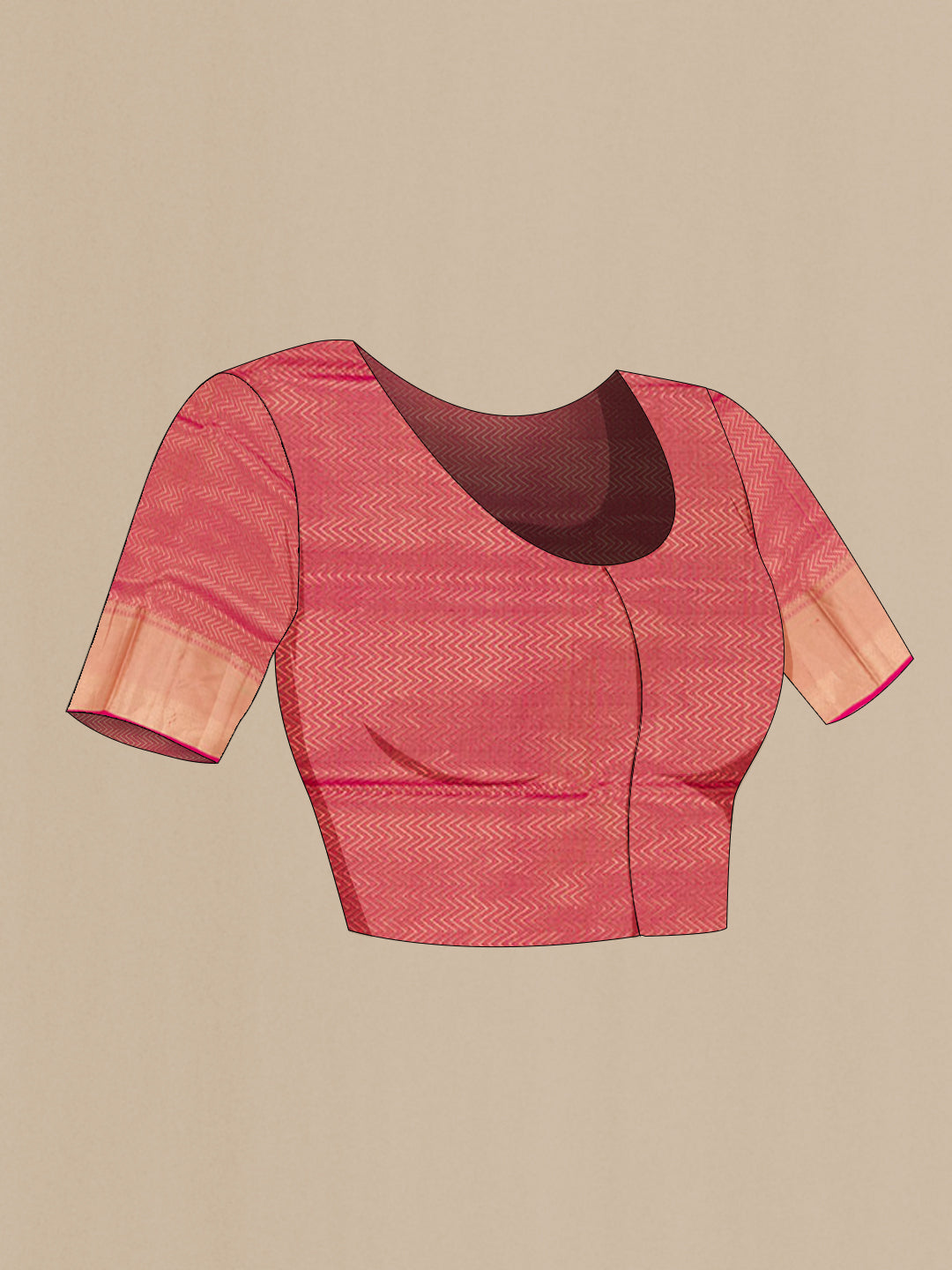 Close up image of the blouse of Red Soft Silk Saree with Plain Body and Zari Border. 