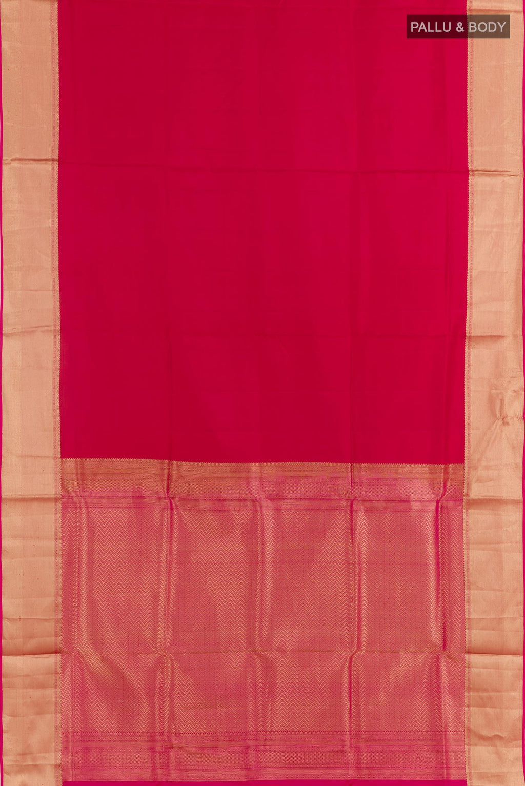 Flat view of Red Soft Silk Saree with Plain Body and Zari Border. 