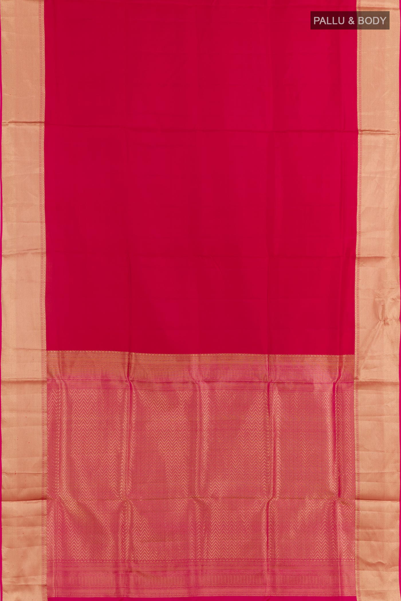 Flat view of Red Soft Silk Saree with Plain Body and Zari Border. 