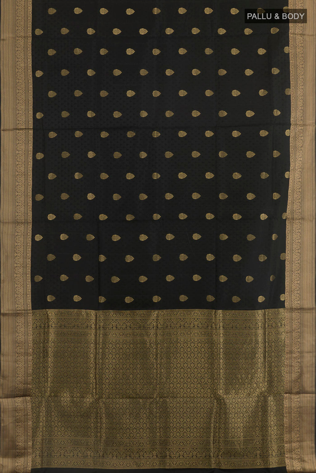 Flat view of Black Soft Silk Saree with Jacquard With Zari Butta on the body and Zari Border. 