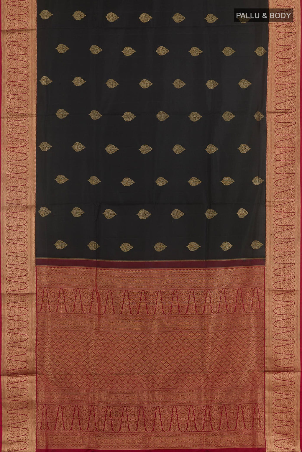 Flat view of Black Soft Silk Saree with Zari Butta on the body and Zari Border. 