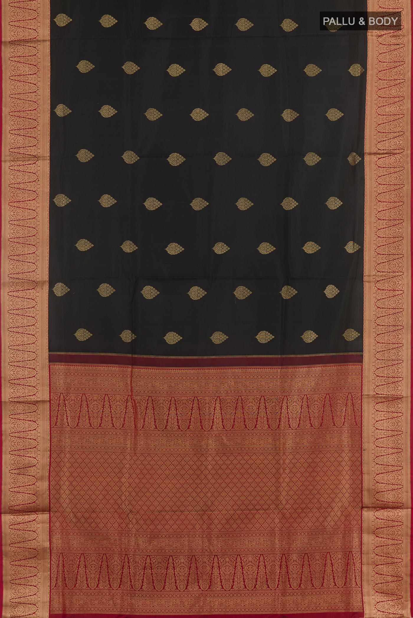Flat view of Black Soft Silk Saree with Zari Butta on the body and Zari Border. 