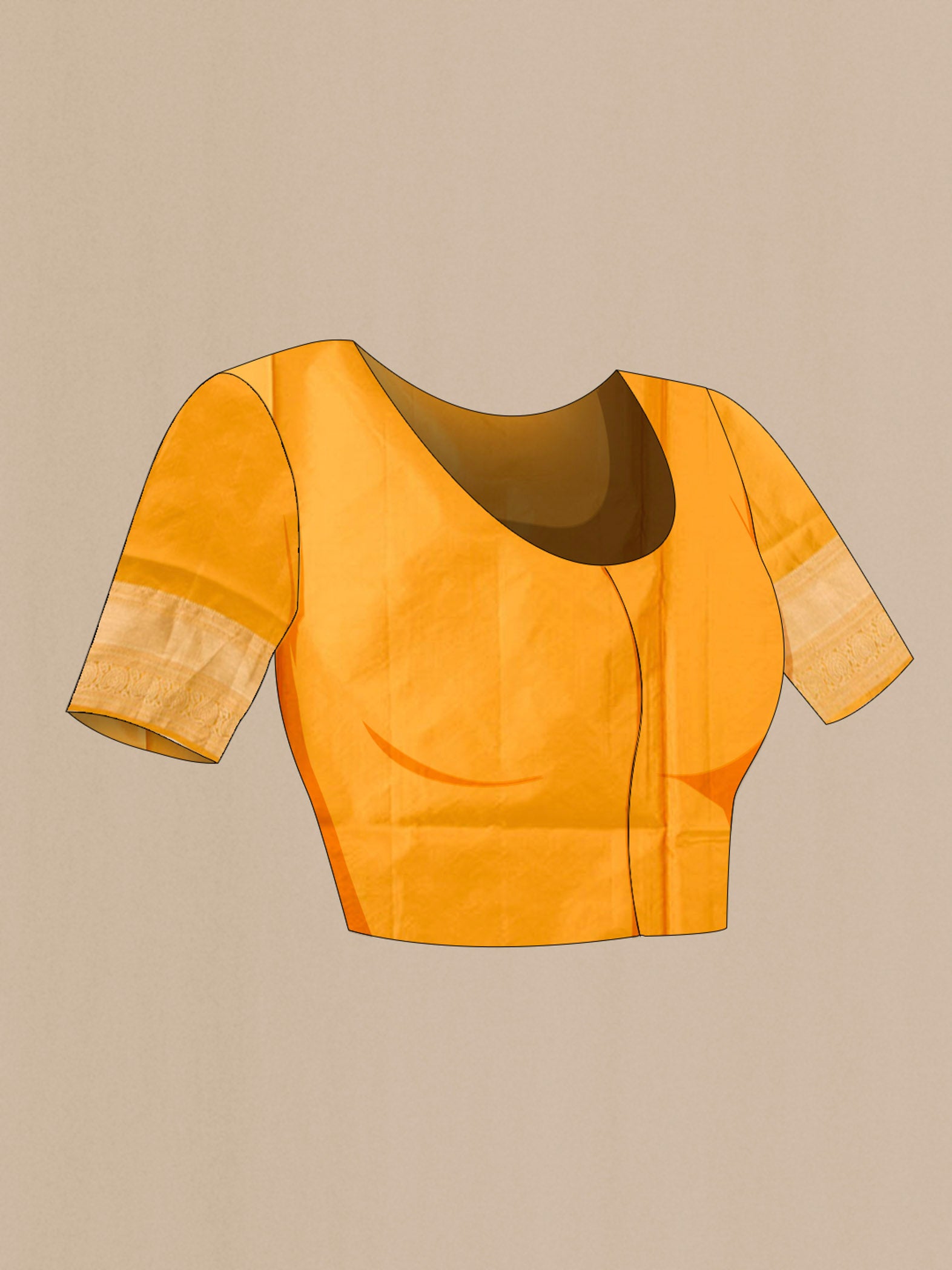 Close up image of the blouse of Yellow Soft Silk Saree with Zari Butta on the body and Zari Border