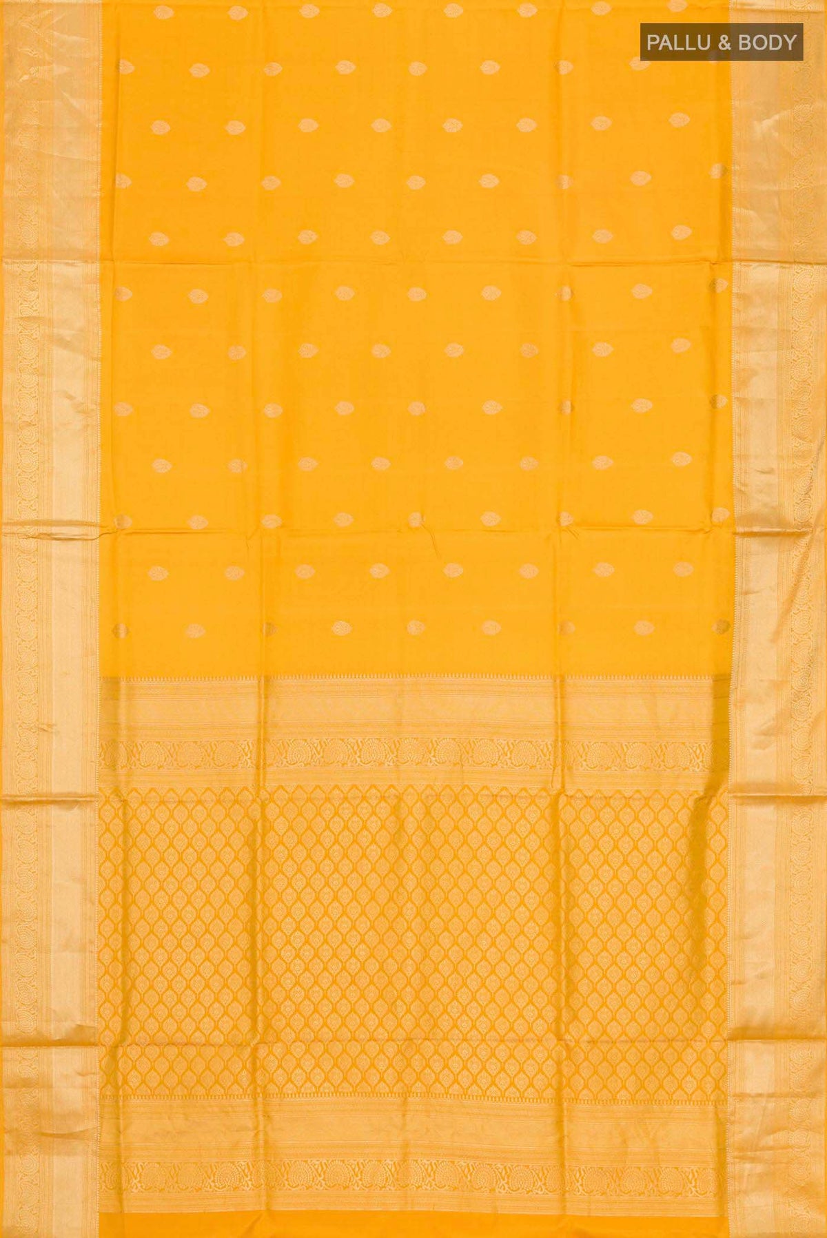 Flat view of Yellow Soft Silk Saree with Zari Butta on the body and Zari Border