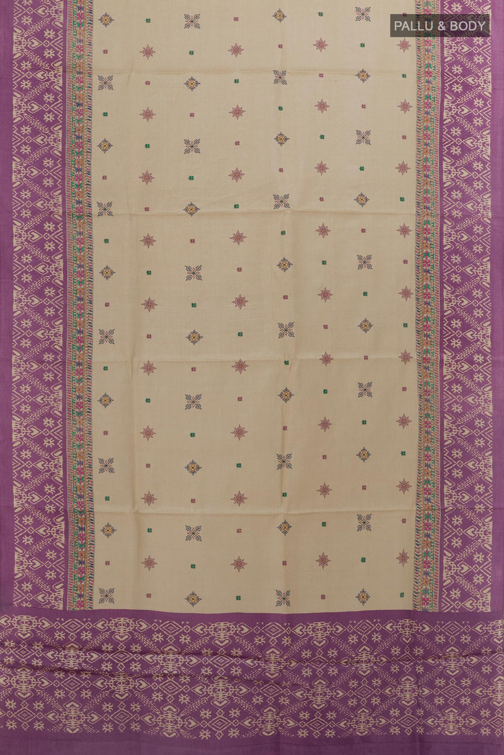 Flat view of Off White Tussar Silk Saree with Embroidery on the body and Printed Border. 