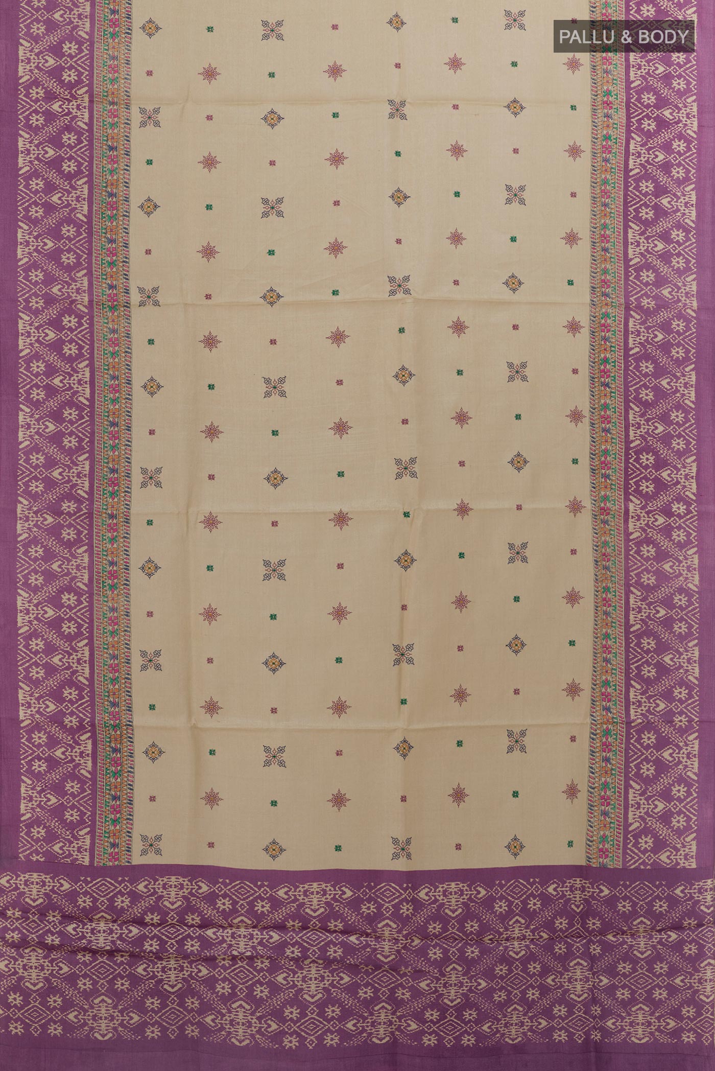 Flat view of Off White Tussar Silk Saree with Embroidery on the body and Printed Border. 