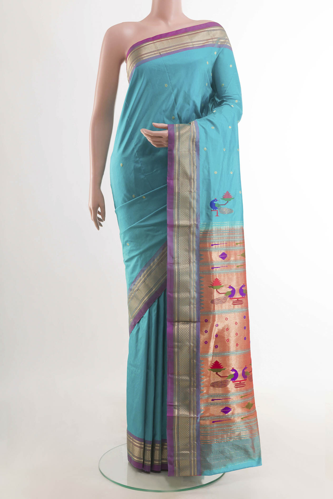 Blue Paithani Silk Saree with Zari Butta on the body and Paithani Border displayed on a mannequin