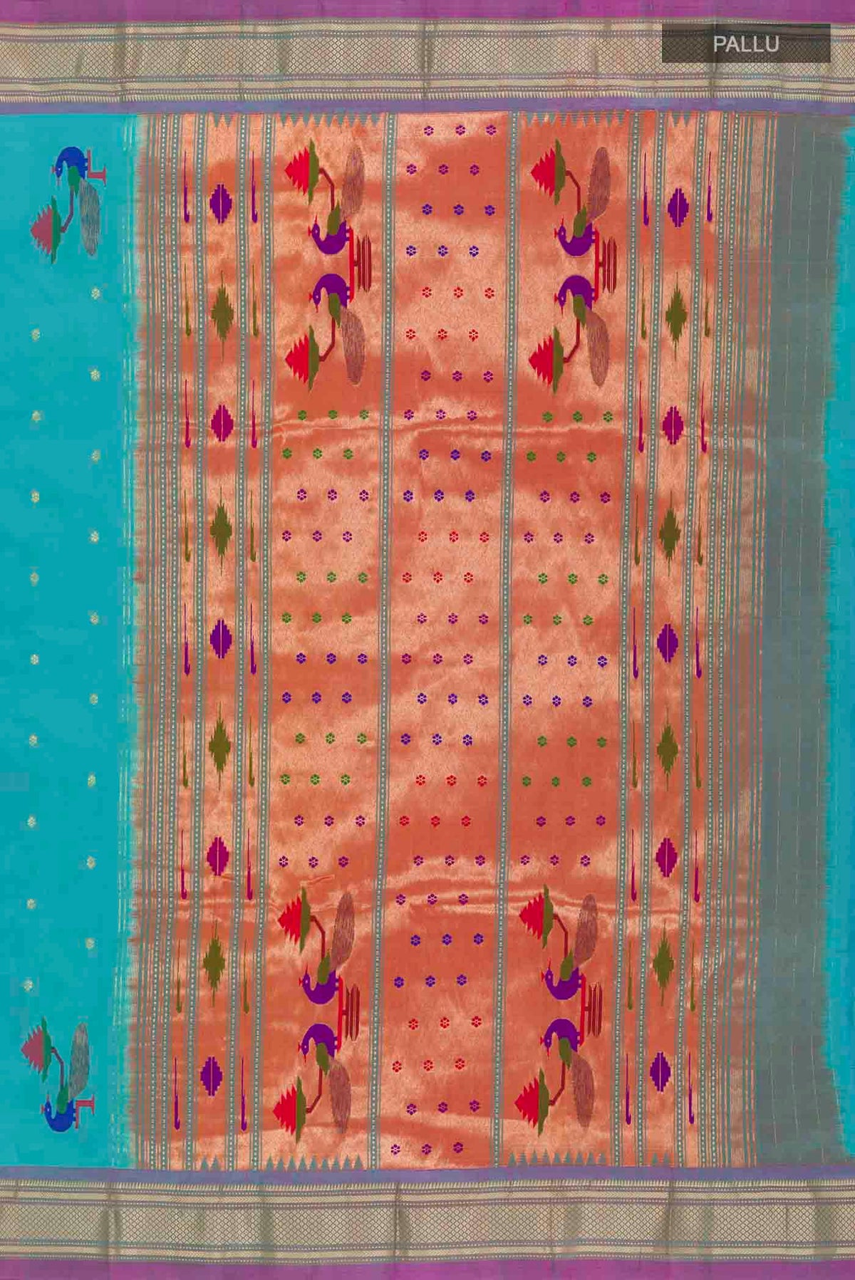 Close up image of the pallu of Blue Paithani Silk Saree with Zari Butta on the body and Paithani Border