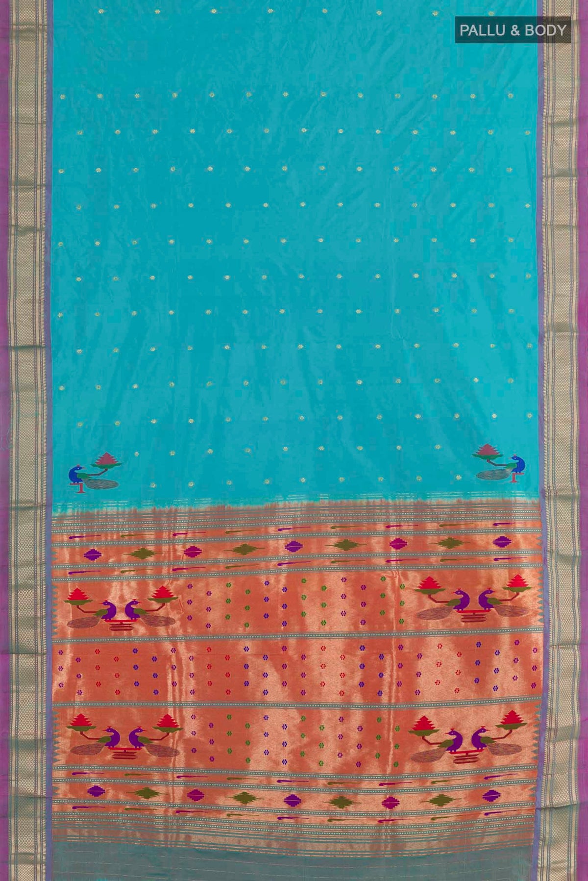 Flat view of Blue Paithani Silk Saree with Zari Butta on the body and Paithani Border