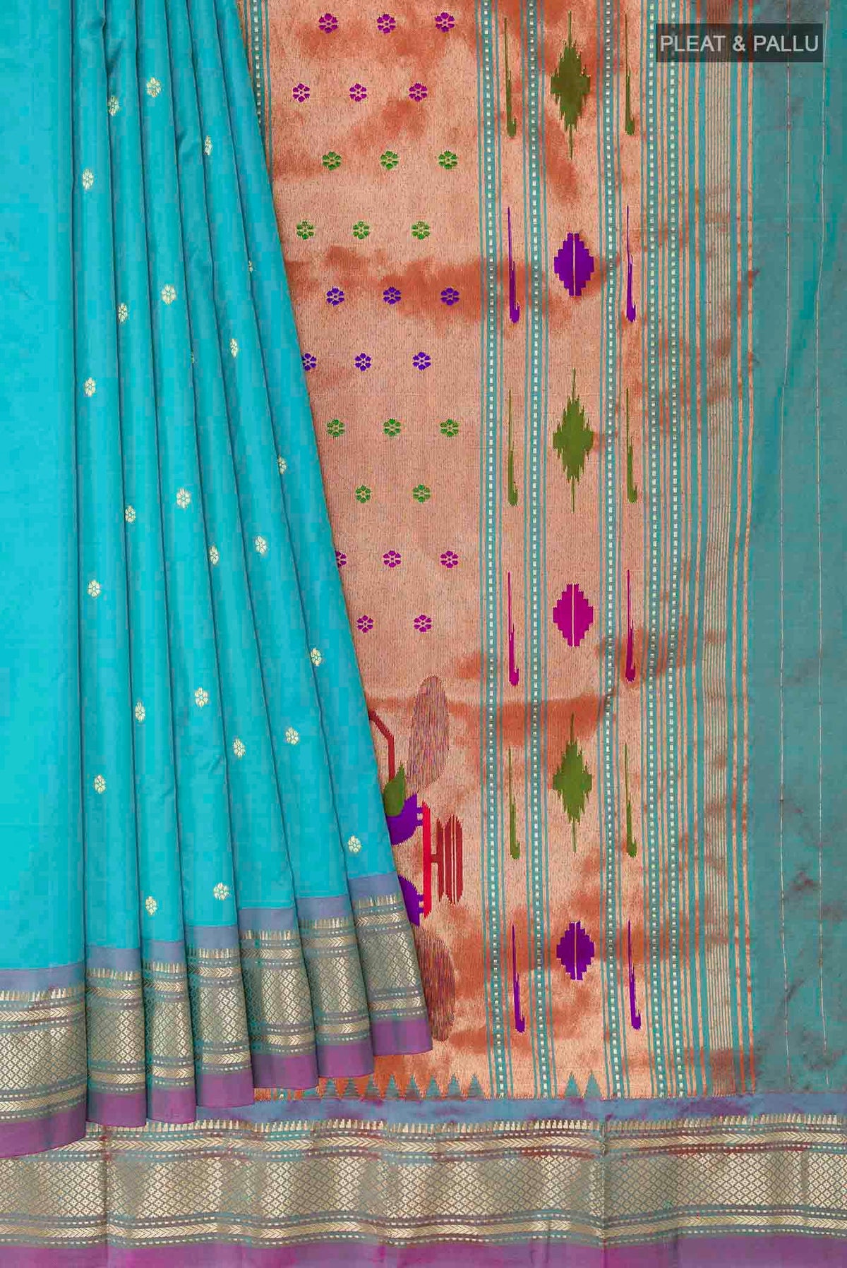 Pleats and pallu of Blue Paithani Silk Saree with Zari Butta on the body and Paithani Border