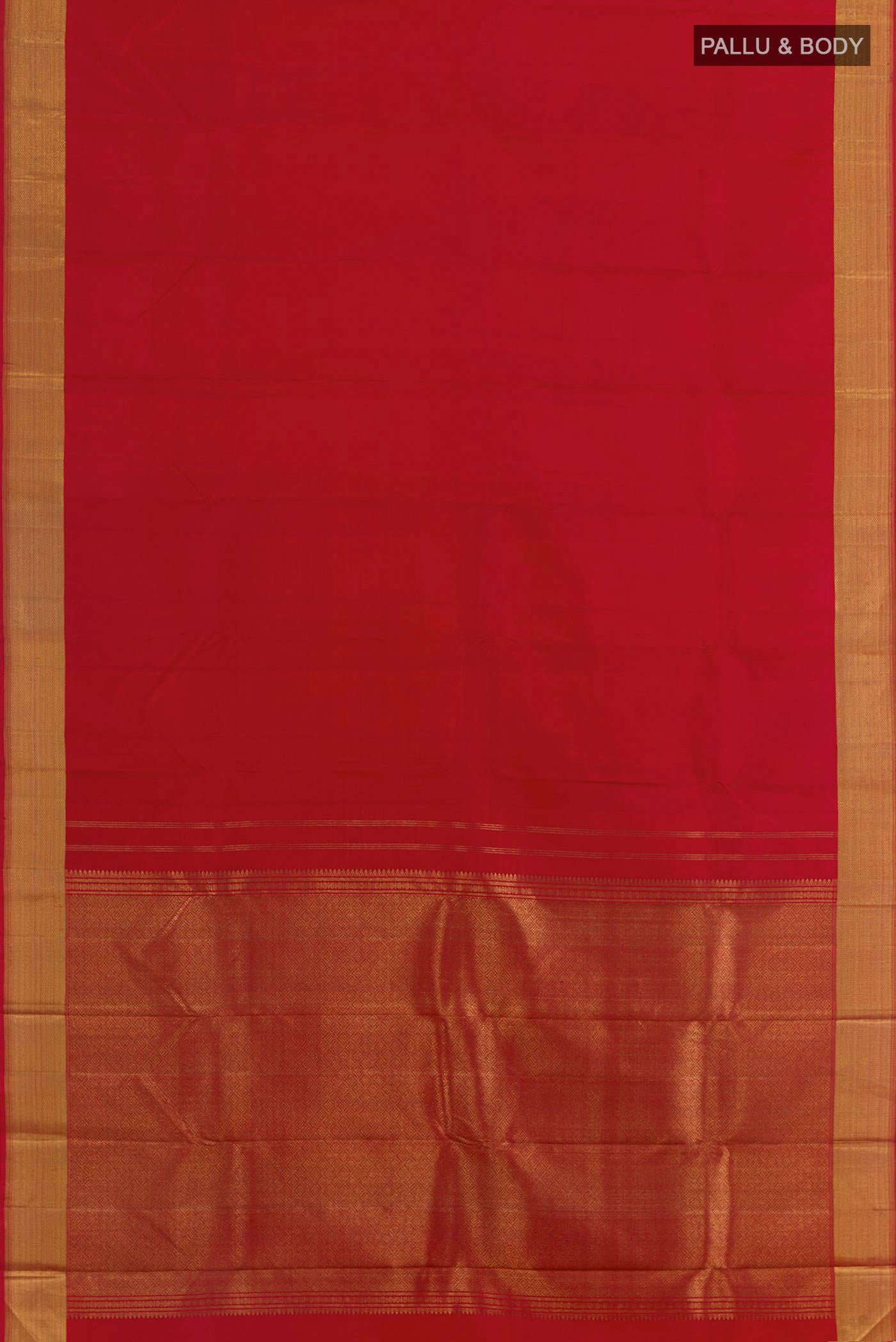 Flat view of Red Kanchipuram Silk Saree with Plain Body and Zari Border. 