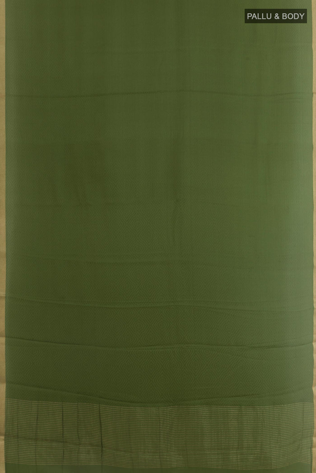 Flat view of Olive Green Mysore Crepe Saree with Jacquard design on the body and Zari Border. 