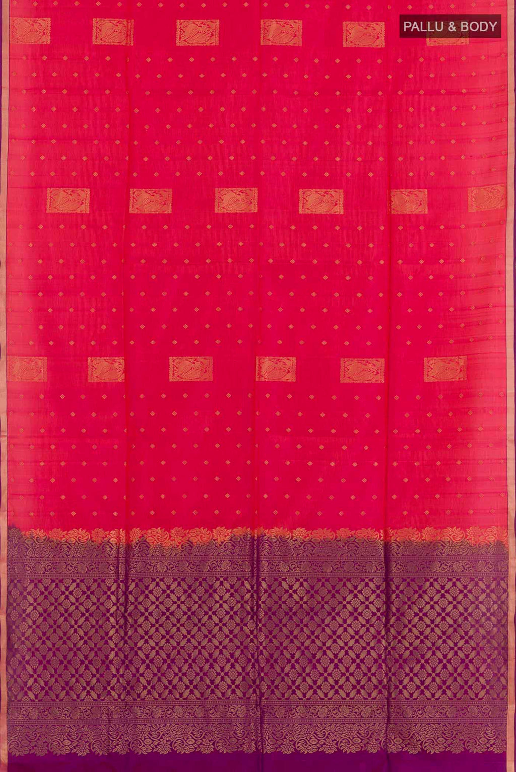 Flat view of Pink Soft Silk Saree with Zari Butta on the body and Zari Border. 