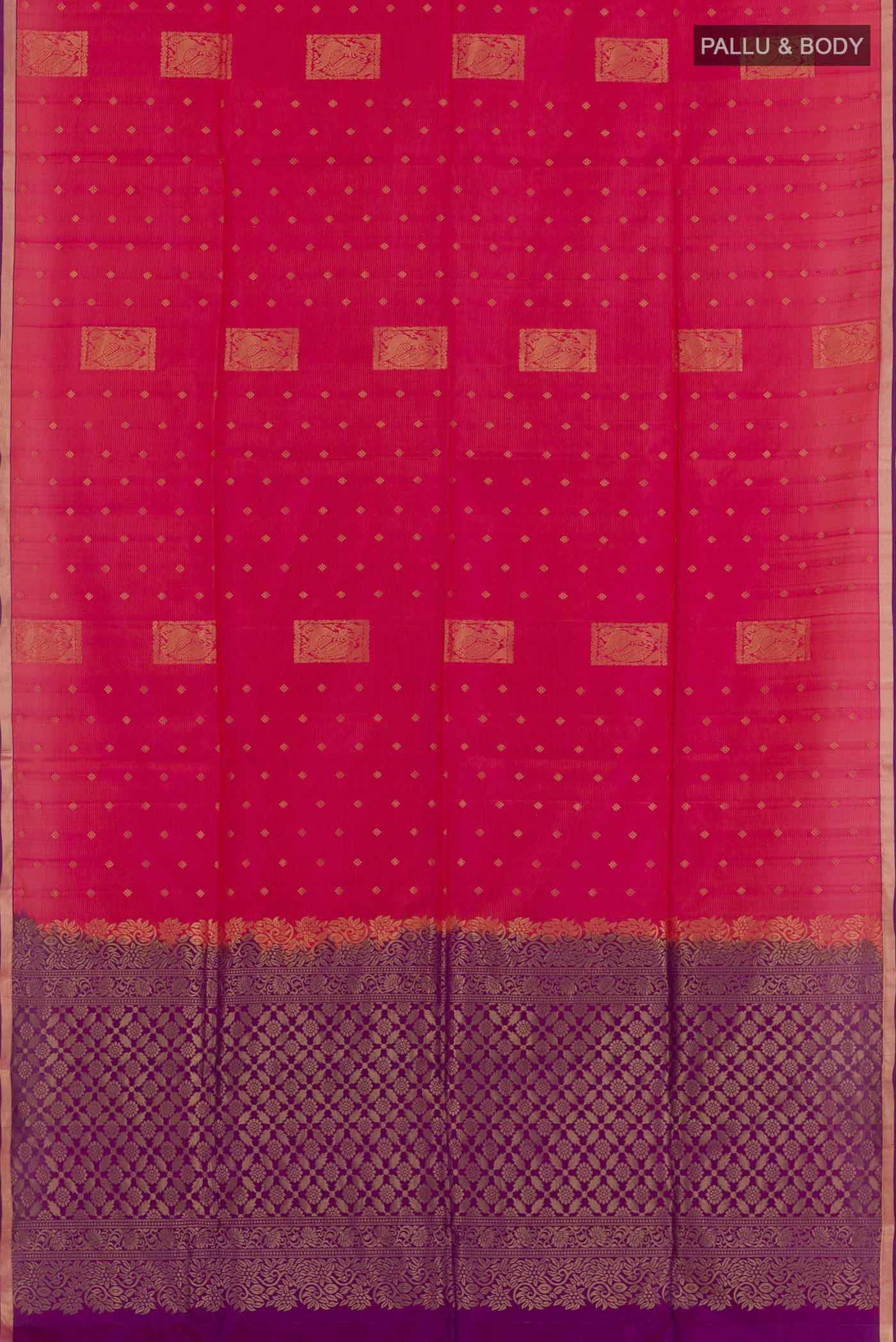 Flat view of Pink Soft Silk Saree with Zari Butta on the body and Zari Border. 