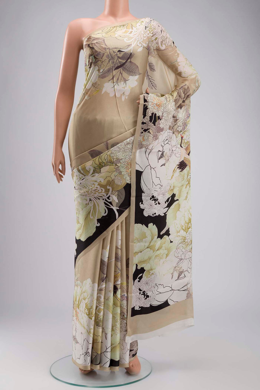 Beige Satin Silk Saree with Plain Body and Printed Border displayed on a mannequin