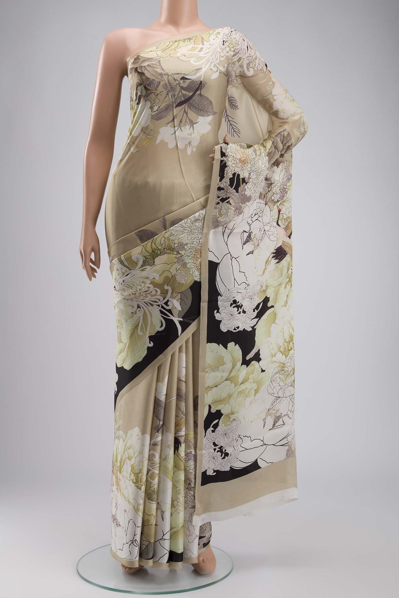 Beige Satin Silk Saree with Plain Body and Printed Border displayed on a mannequin