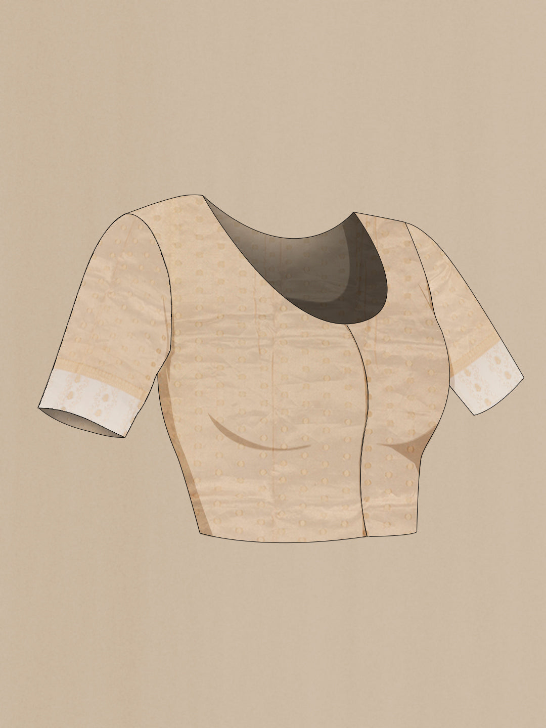 Close up image of the blouse of Beige Banarasi Kora Silk Saree with Thread Butta on the body and Zari Border. 