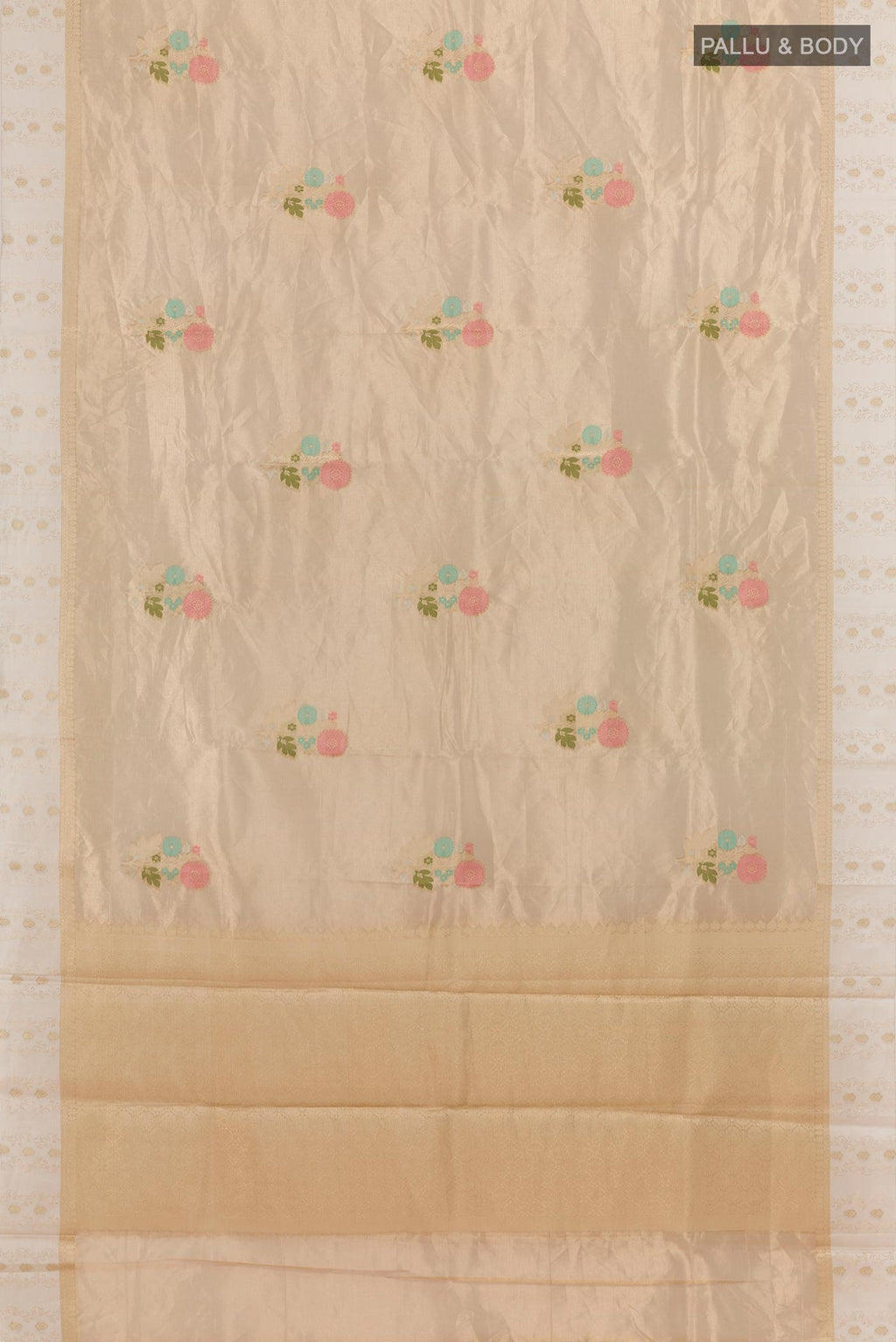 Flat view of Beige Banarasi Kora Silk Saree with Thread Butta on the body and Zari Border. 