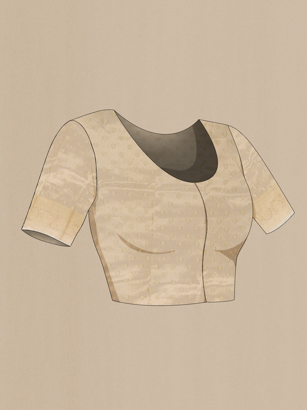 Close up image of the blouse of Beige Banarasi Kota Silk Saree with Zari And Thread Butta on the body and Zari Border. 