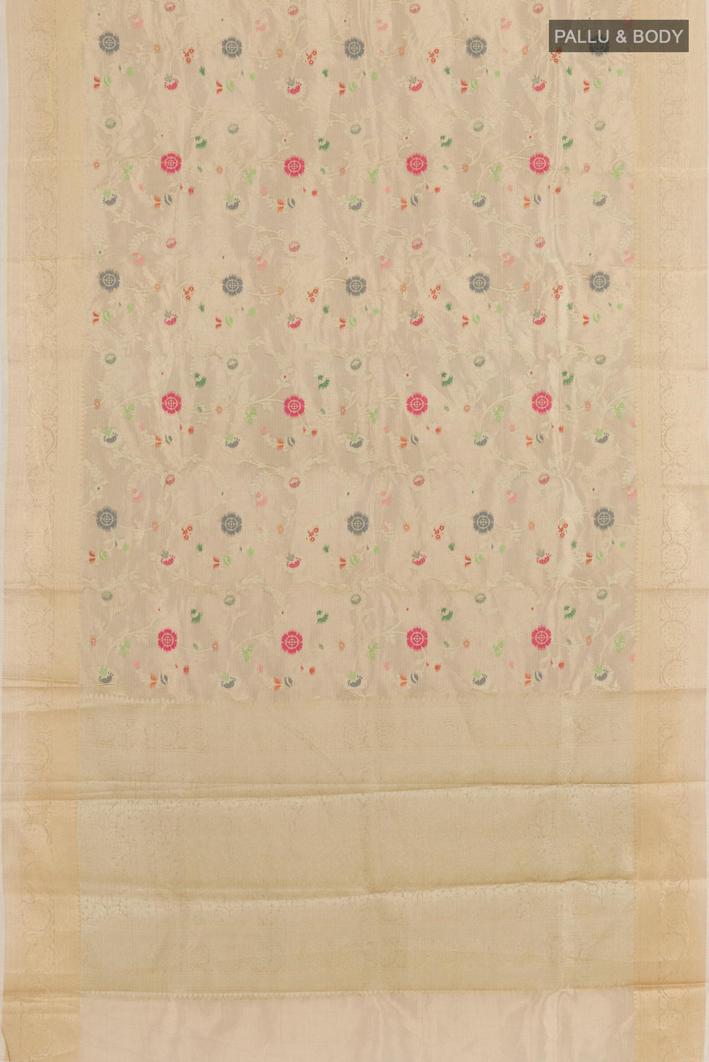 Flat view of Beige Banarasi Kota Silk Saree with Zari And Thread Butta on the body and Zari Border. 