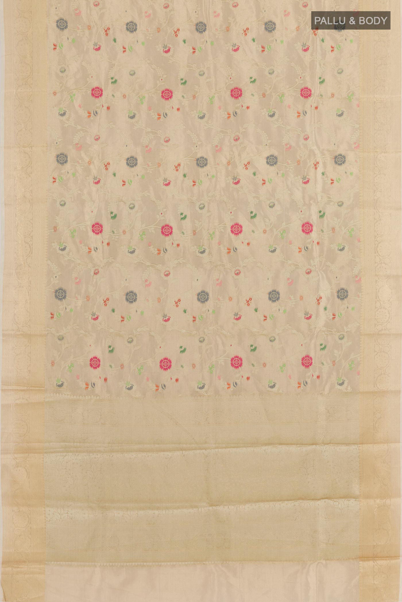 Flat view of Beige Banarasi Kota Silk Saree with Zari And Thread Butta on the body and Zari Border. 