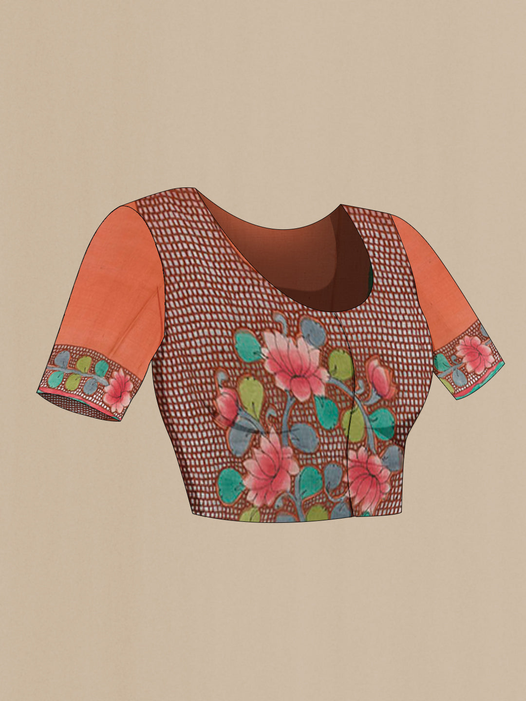 Close up image of the blouse of Green Tussar Saree with Plain Body and Plain Border. 