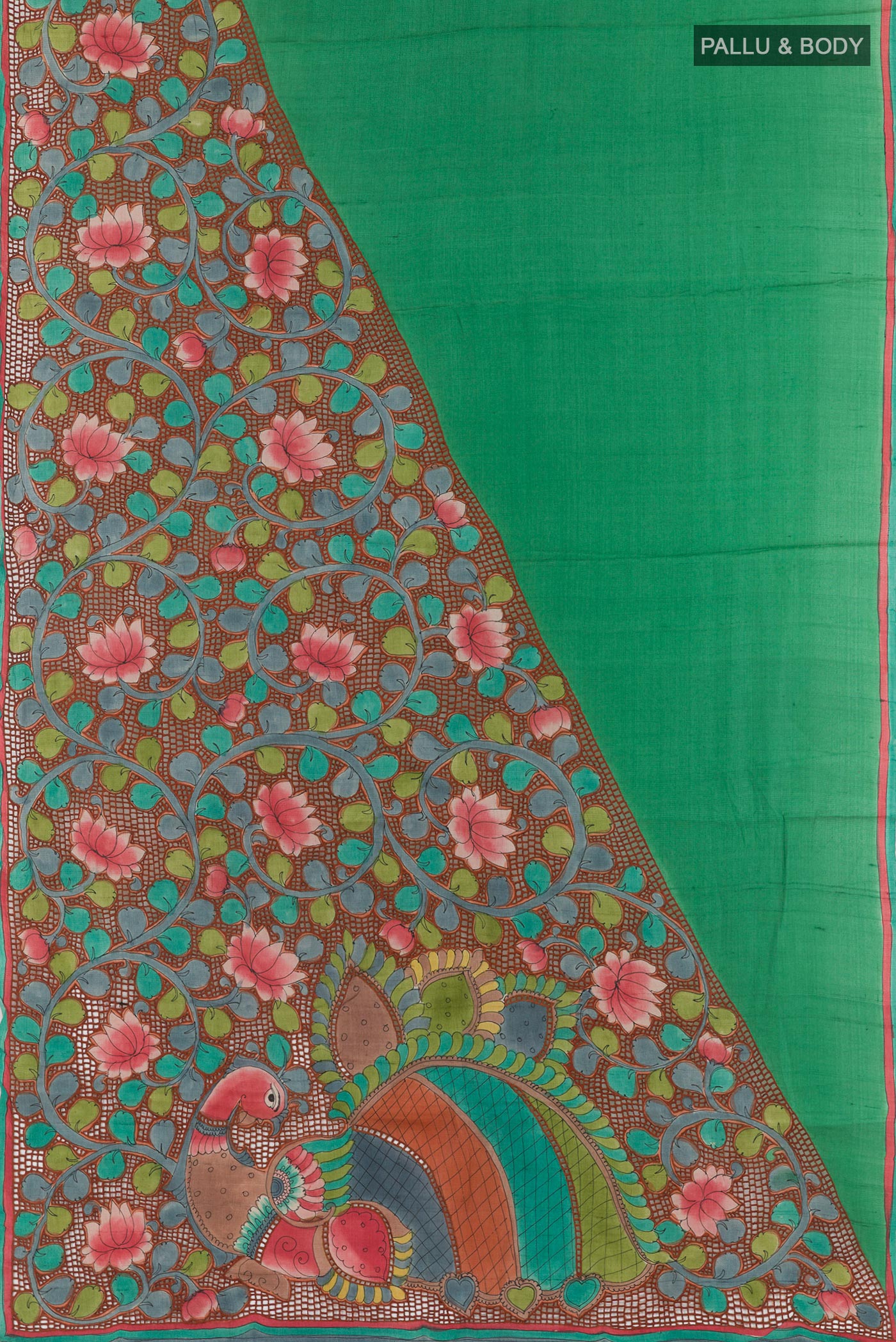 Flat view of Green Tussar Saree with Plain Body and Plain Border. 