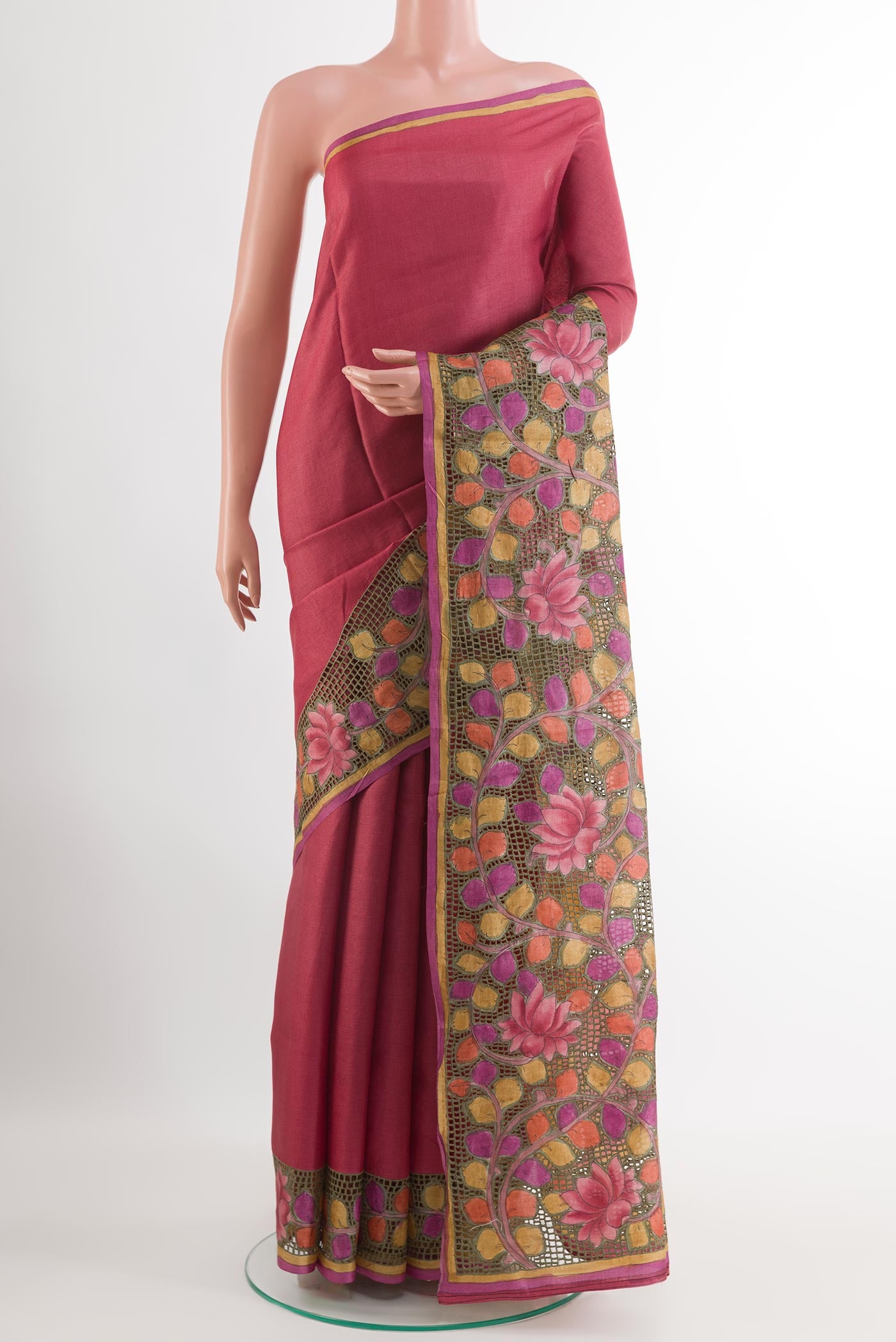 Imperial Pink Tussar Saree with Plain Body and Embroidery Border.  displayed on a mannequin