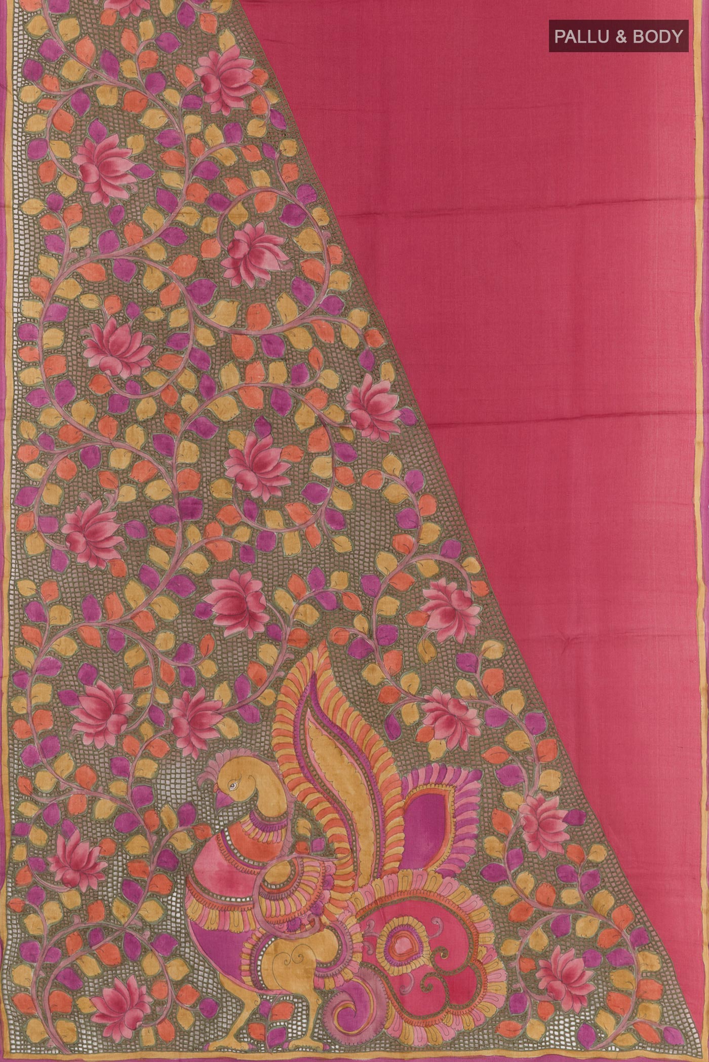 Flat view of Imperial Pink Tussar Saree with Plain Body and Embroidery Border. 