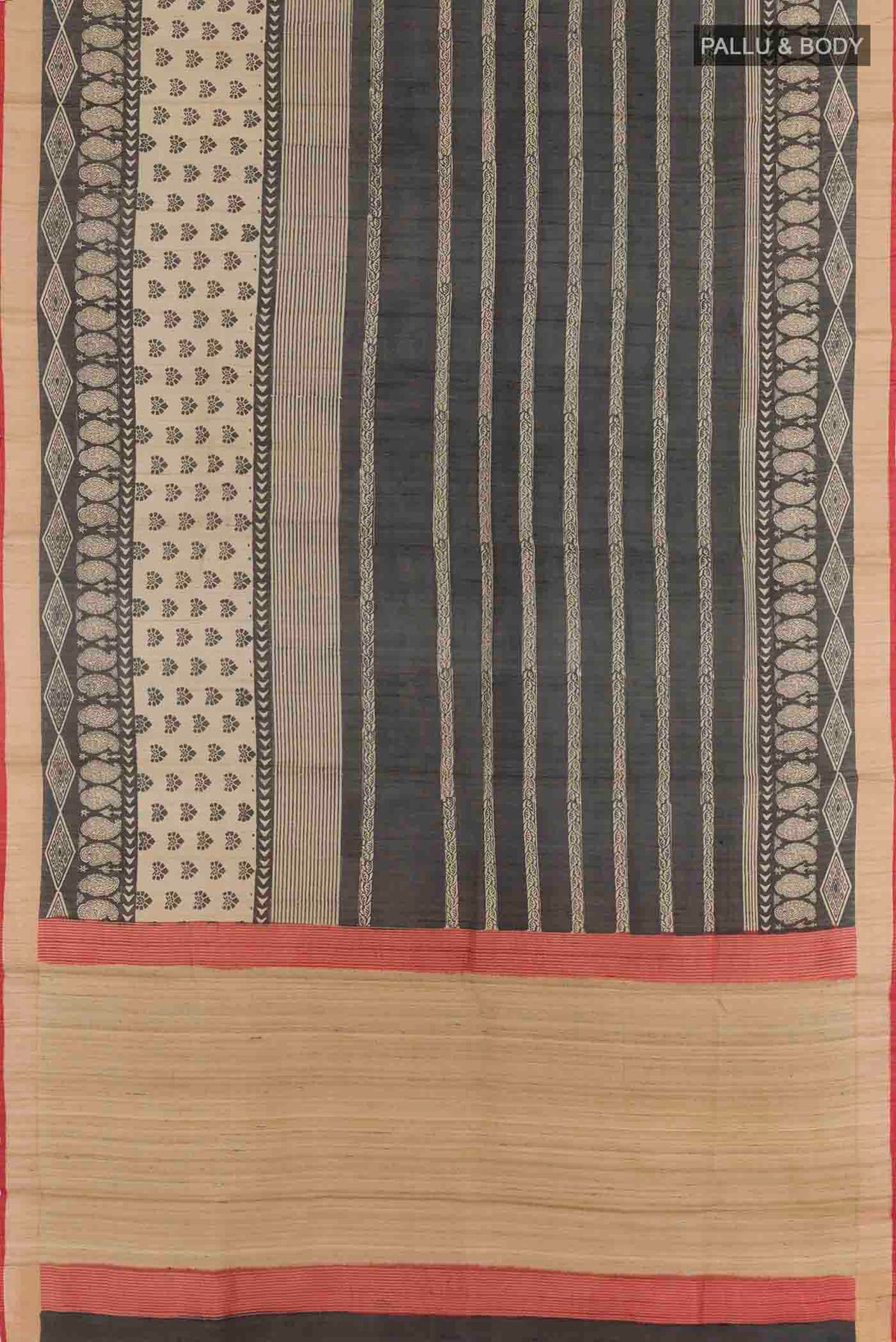 Flat view of Black Tussar Saree with Printed design on the body and Zari Border