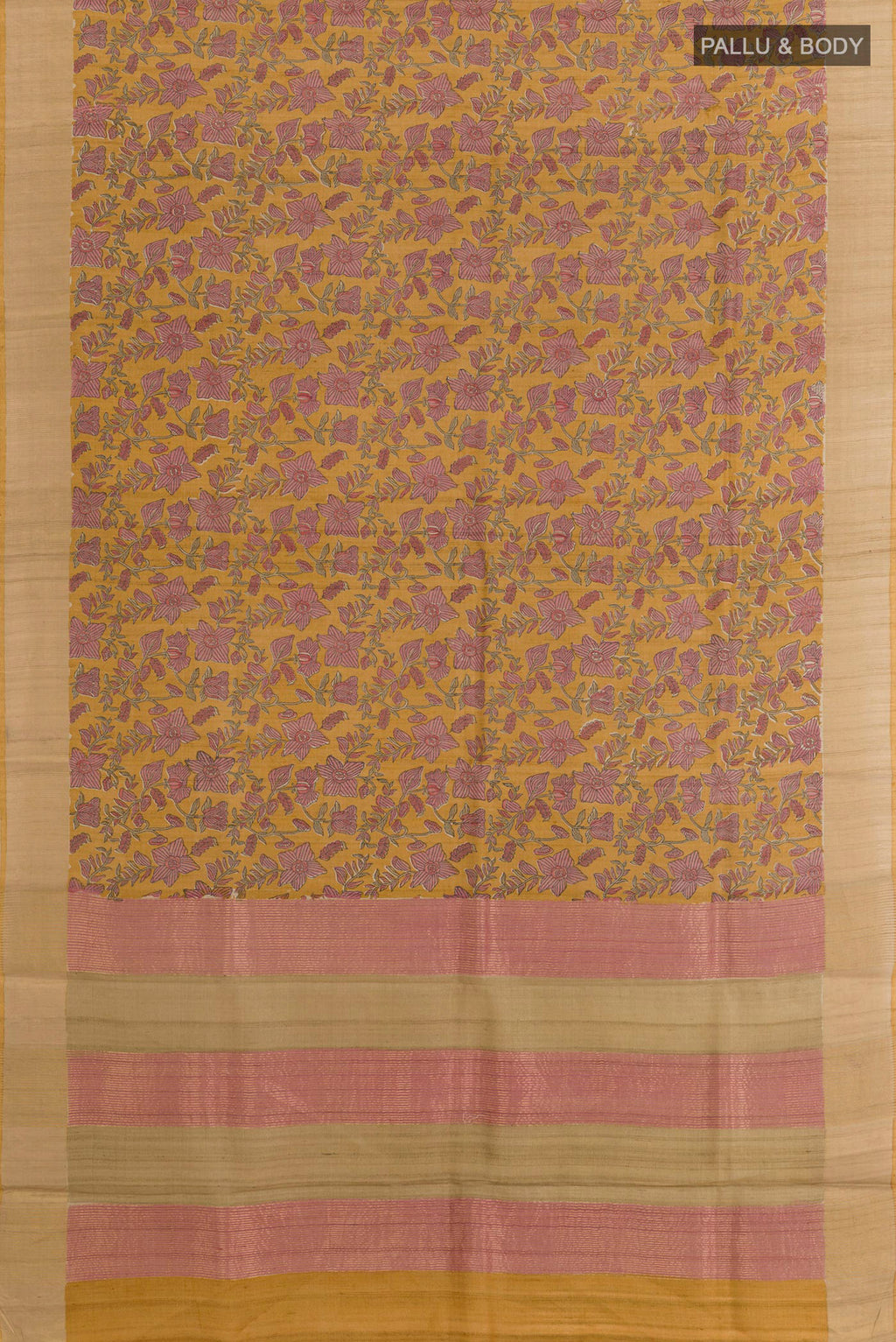 Flat view of Yellow Tussar Saree with Printed design on the body and Zari Border. 