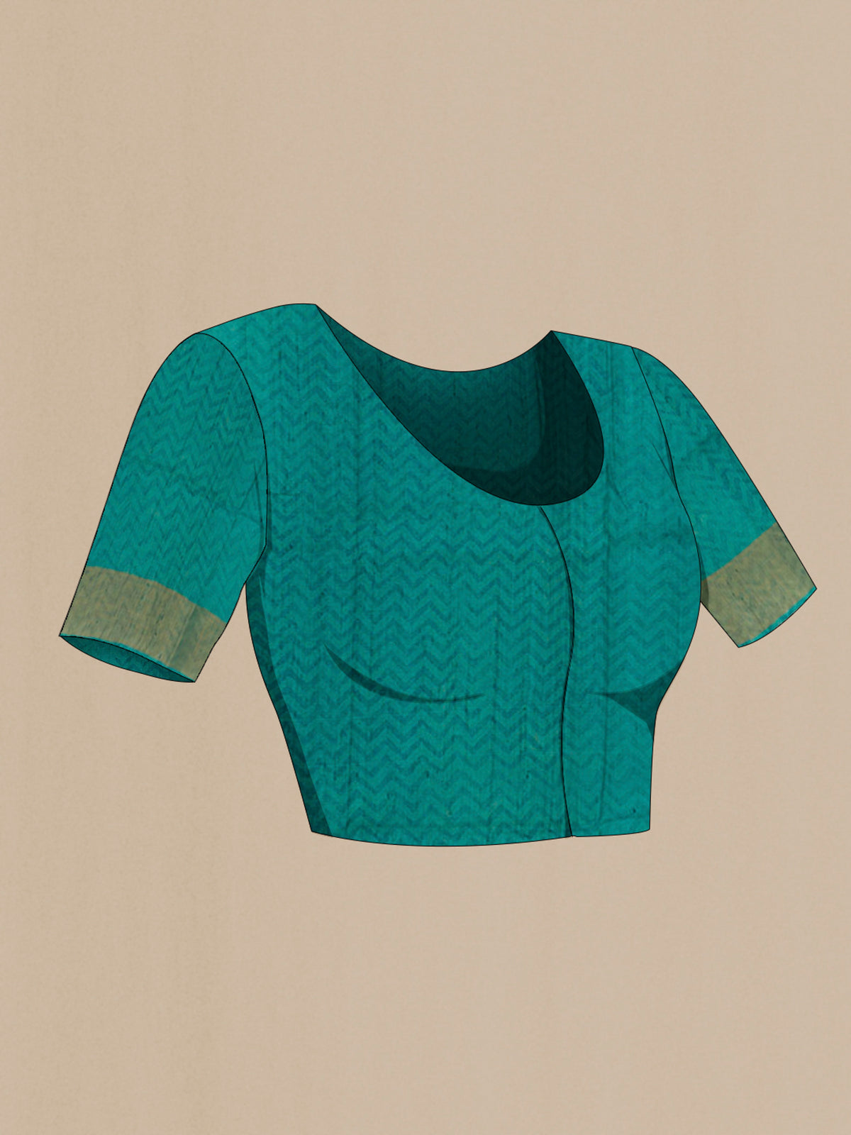 Close up image of the blouse of Green Tussar Saree with Printed design on the body and Zari Border. 