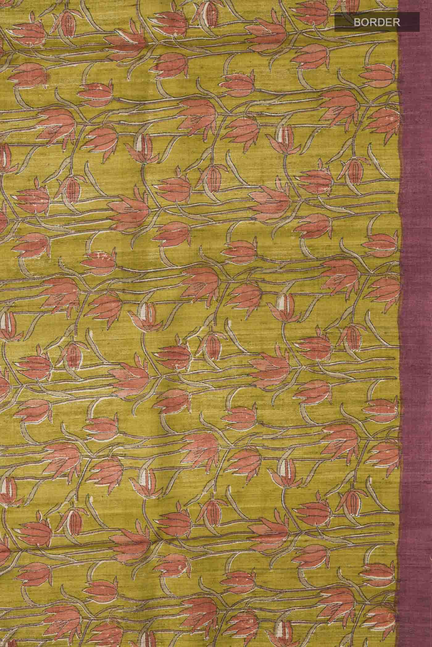Border image of Green Bhagalpuri Tussar Silk Saree with Printed design on the body and Plain Border