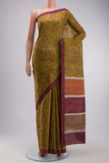 Green Bhagalpuri Tussar Silk Saree with Printed design on the body and Plain Border displayed on a mannequin