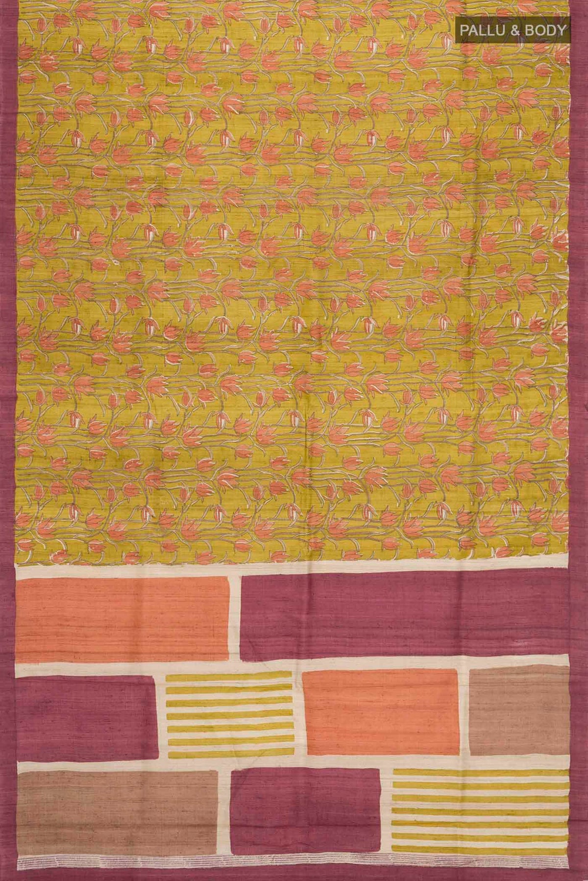 Flat view of Green Bhagalpuri Tussar Silk Saree with Printed design on the body and Plain Border