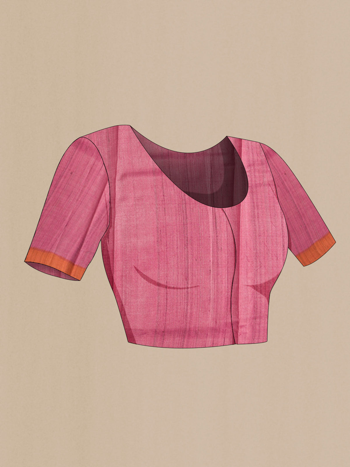 Close up image of the blouse of Orange Tussar Silk Saree with Printed design on the body and Plain Border