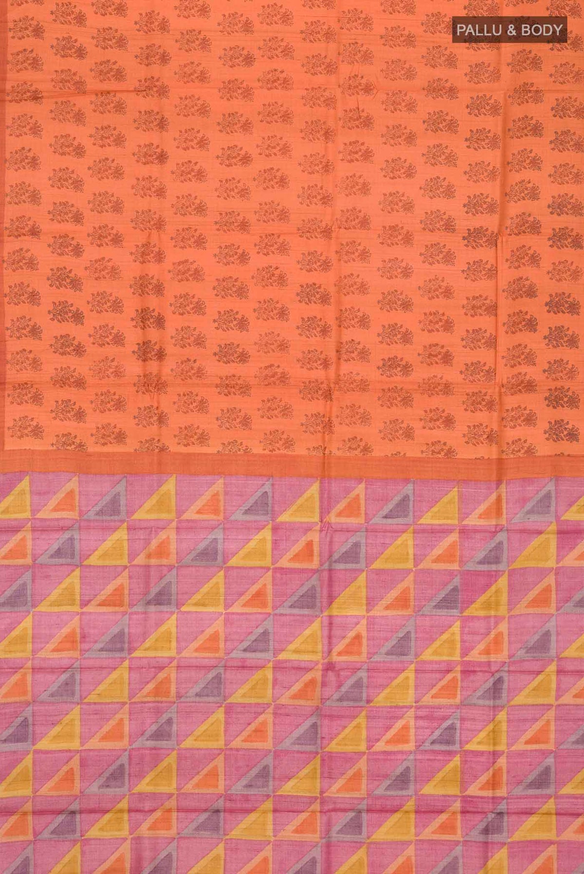 Flat view of Orange Tussar Silk Saree with Printed design on the body and Plain Border