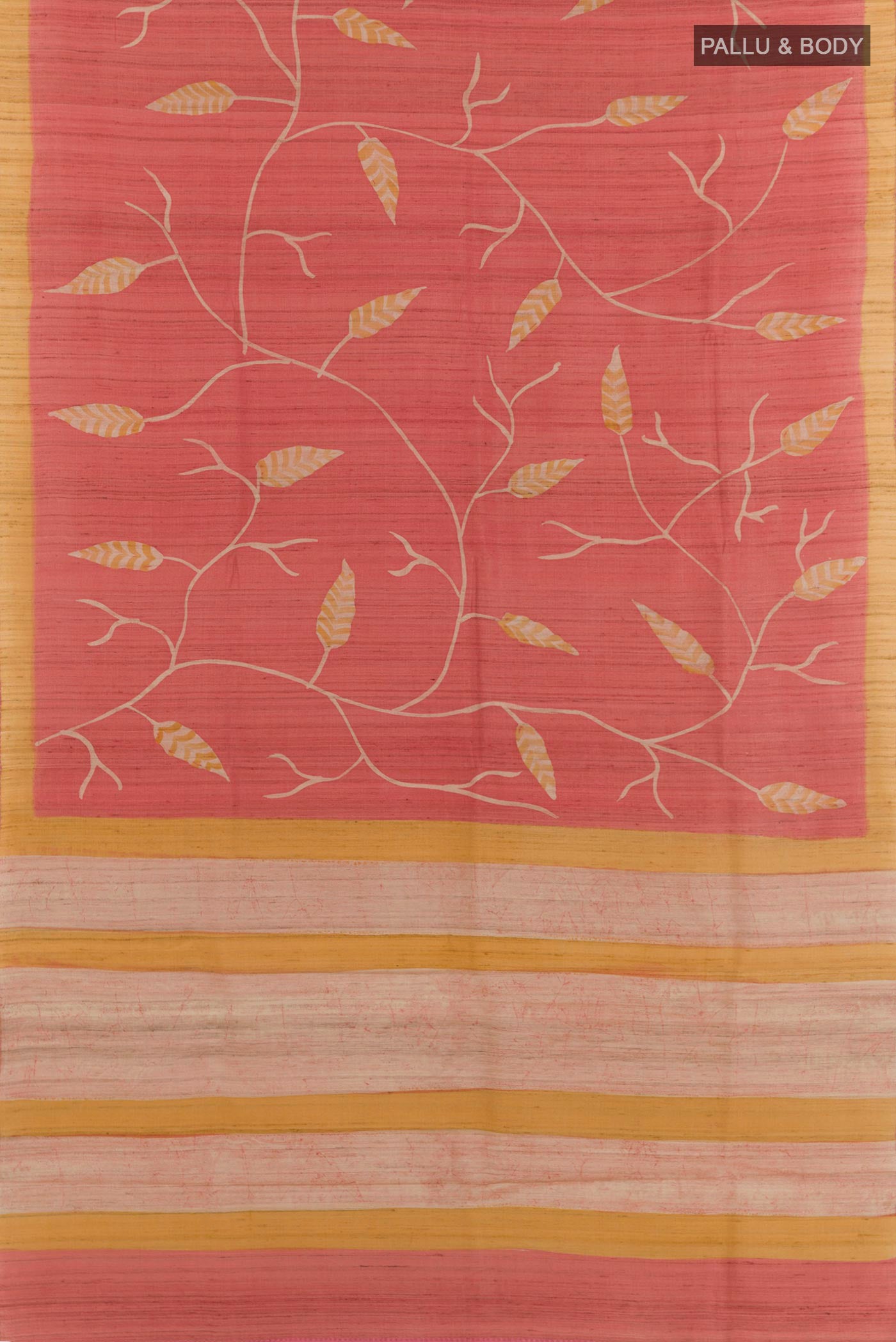 Flat view of Pink Tussar Saree with Printed design on the body and Plain Border. 