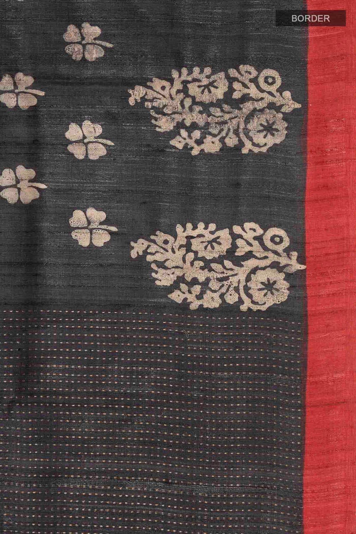 Border image of Black Bhagalpuri Tussar Silk Saree with Printed design on the body and Plain Border