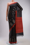 Black Bhagalpuri Tussar Silk Saree with Printed design on the body and Plain Border displayed on a mannequin