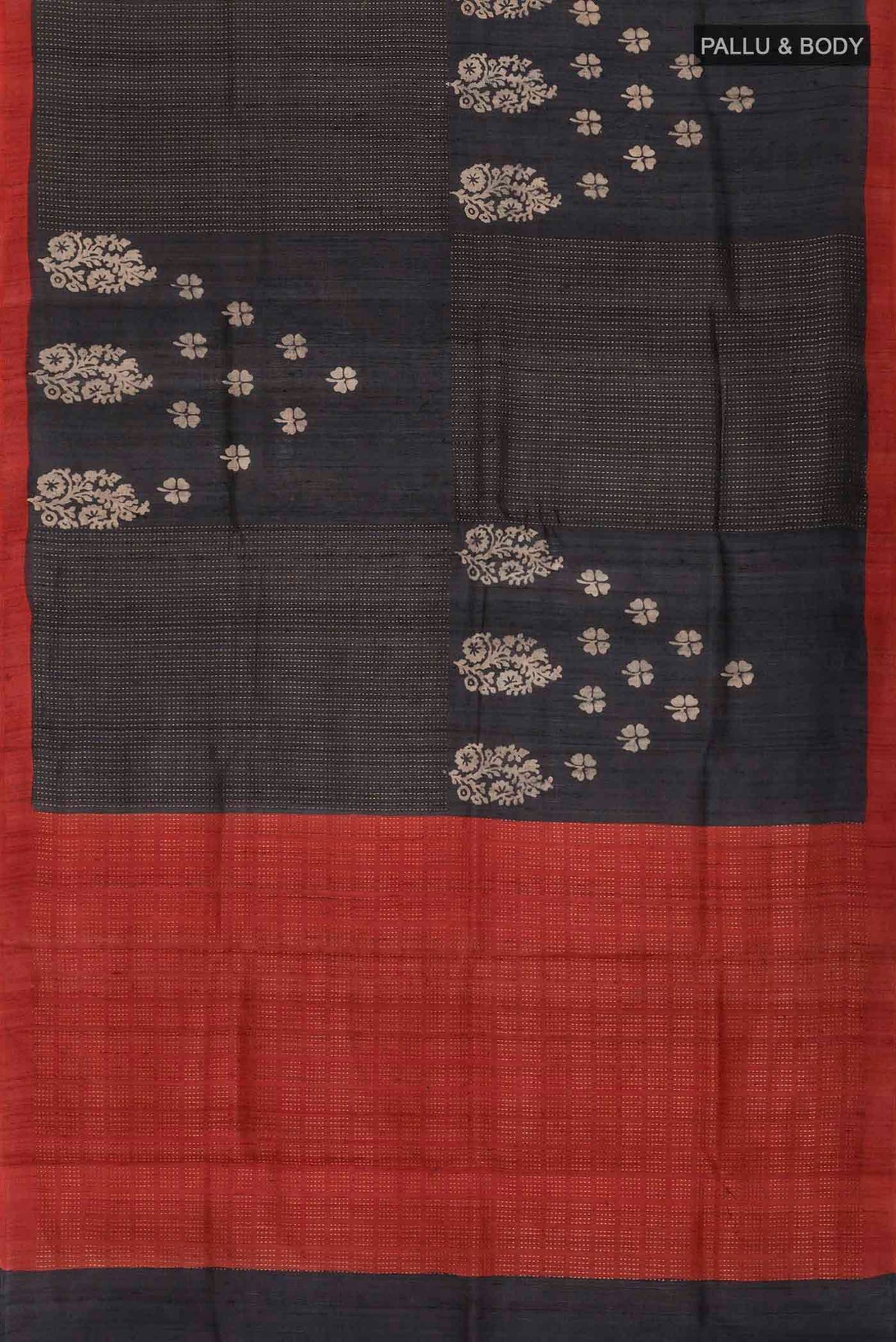 Flat view of Black Bhagalpuri Tussar Silk Saree with Printed design on the body and Plain Border