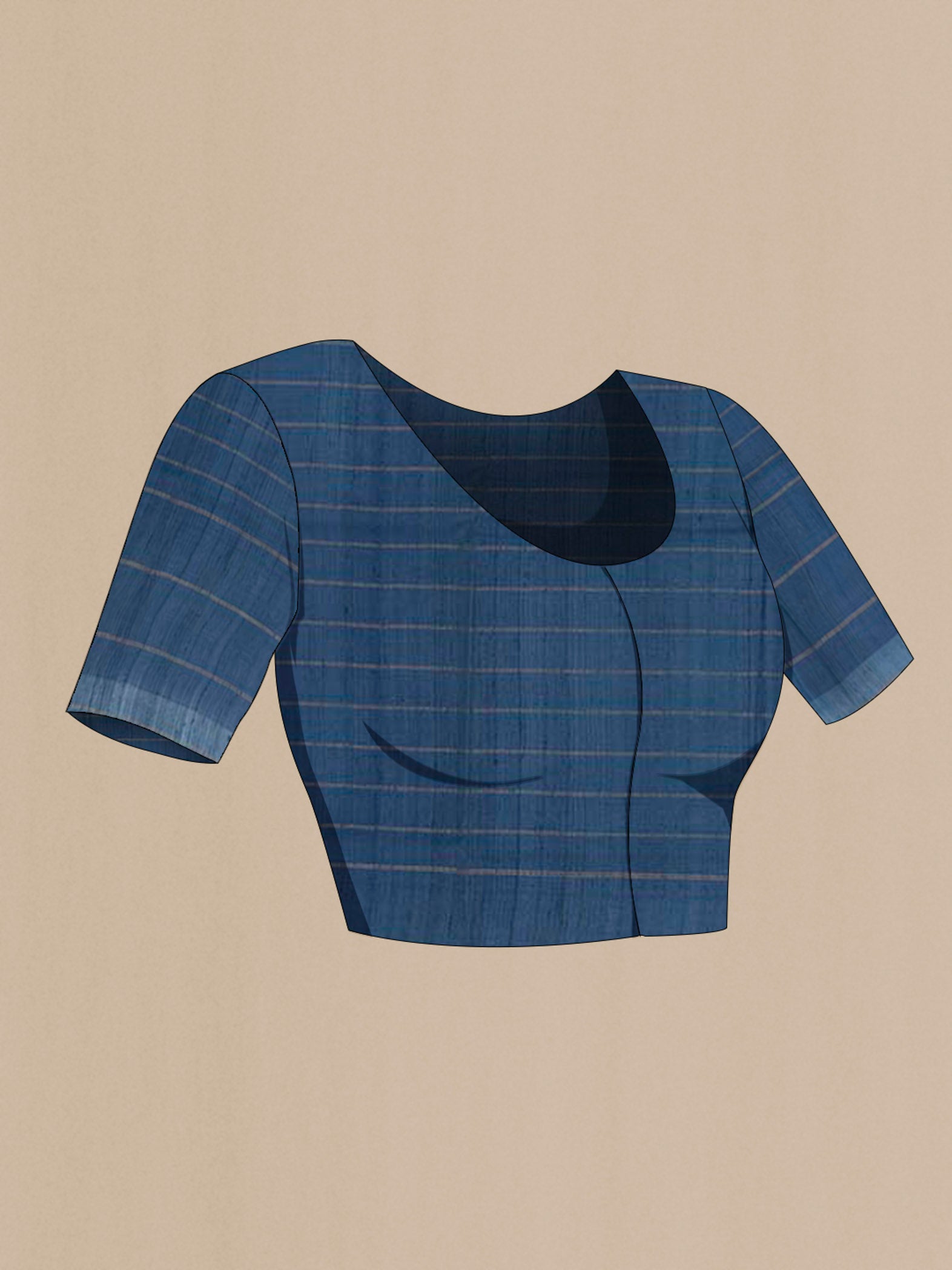 Close up image of the blouse of Pure Silk Pure Zari Blue Tussar Saree with Checked design on the body and Zari Border. 