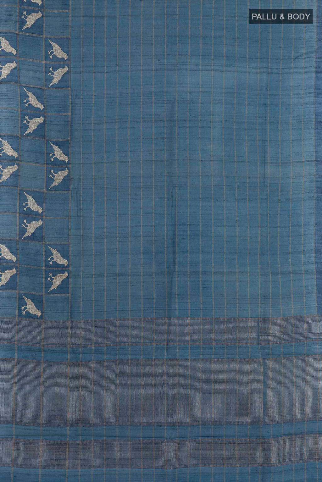 Flat view of Pure Silk Pure Zari Blue Tussar Saree with Checked design on the body and Zari Border. 