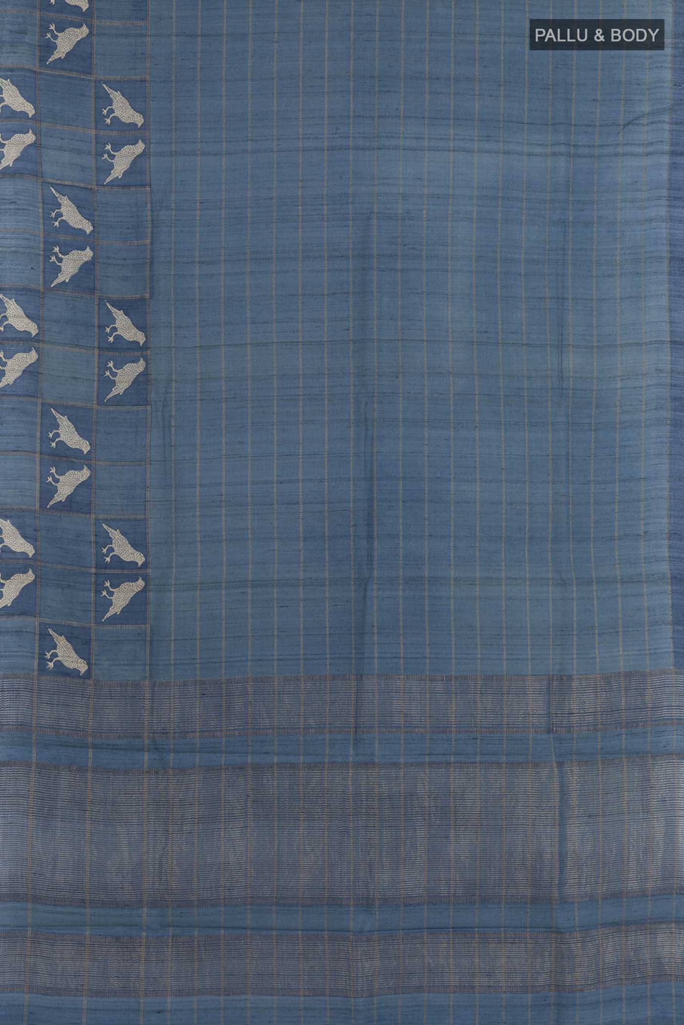 Flat view of Pure Silk Pure Zari Blue Tussar Saree with Checked design on the body and Zari Border. 