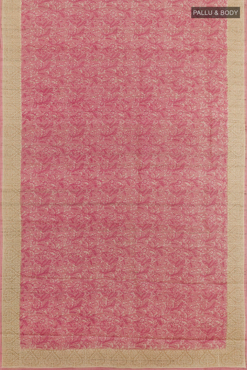 Flat view of Pink Tussar Saree with Printed design on the body and Thread Embroidery Border. 