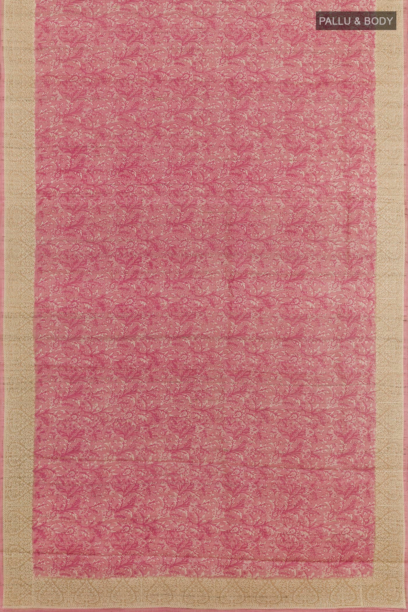 Flat view of Pink Tussar Saree with Printed design on the body and Thread Embroidery Border. 